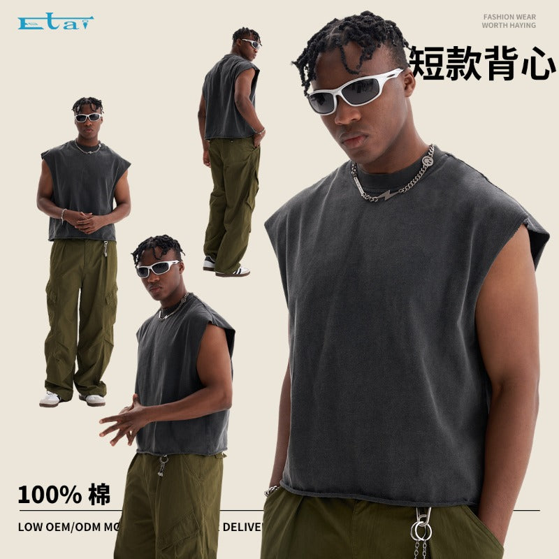 Personalizedretro washed short tank top% cotton plaidcasual tank top square version sleeveless men t-shirt