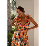 Women's dress - amazon us & europe style - instagrammable vacation maxi dress - cutout, slim fit, deep v neck, ruffle trim, floral print, open back dress