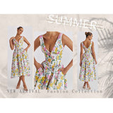 Women's dress - summer export, elegant v-neck, cinched waist, sleeveless, floral print, vacation dress, midi length