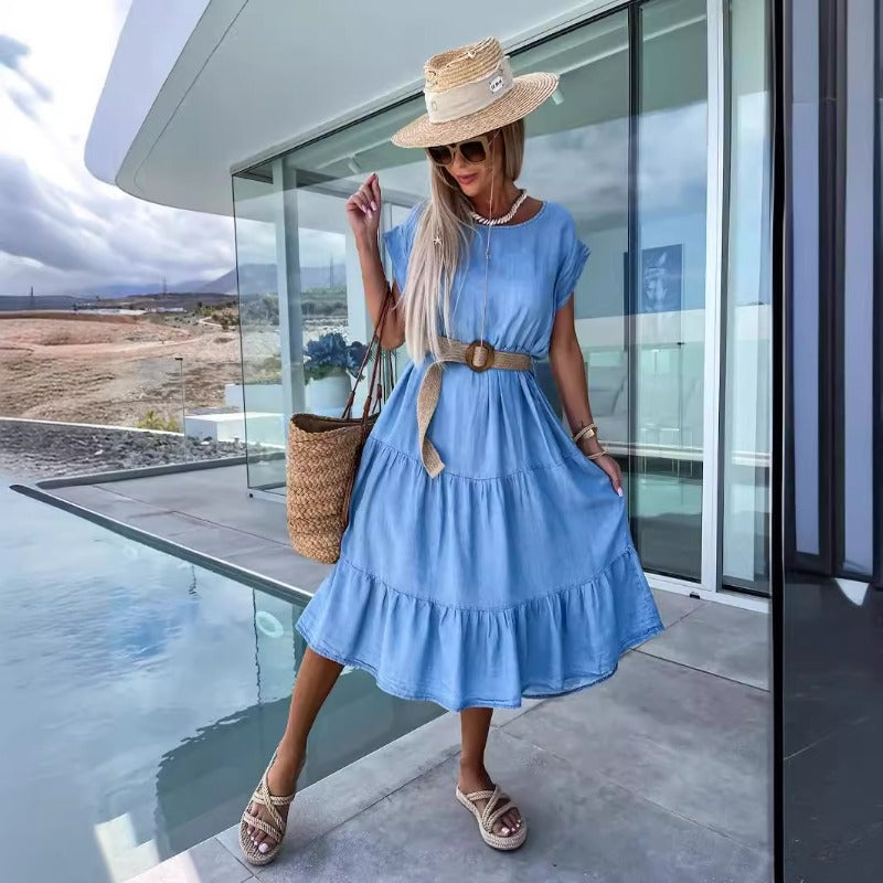 Women's dress - european & american cross-border fashion: spring/summer slim-fit, minimalist round neck, solid color dress (belt not included)
