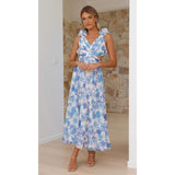 Women's chiffon floral dress - summer bestseller: backless, criss-cross tie, ruched, maxi dress