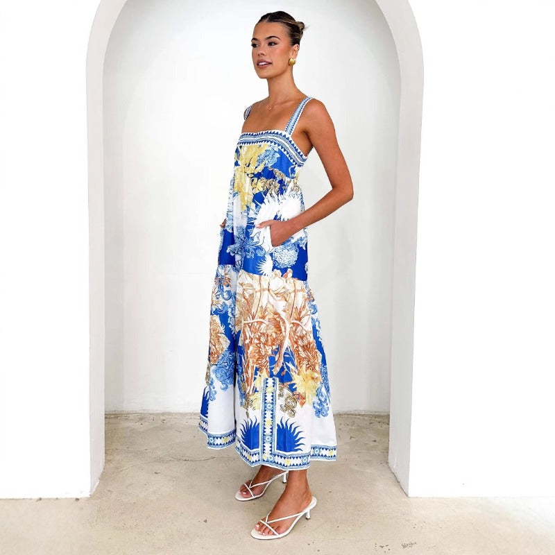 Women's dress - ready-to-ship summer collection: european & american style, cross-border, vacation-inspired maxi dress with placement print and spaghetti straps