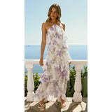 Women's off-the-shoulder european and american style fashionable chiffon printed fairy long elegant evening gown dress for cross-border e-commerce