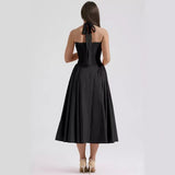 Women's summer slim-fit camisole maxi dress - european & american style fashion print halter neck lace trim dress