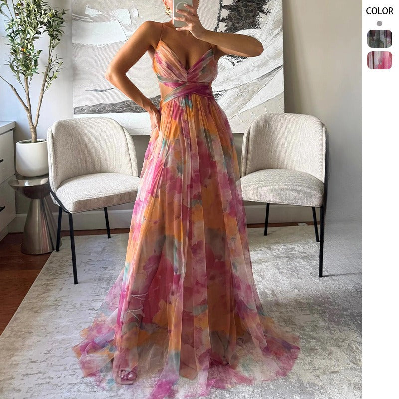 Women's dress - cross-border fashion spring/summer mesh print cami dress - ins style vacation casual party dress