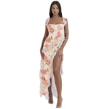 Women's dress - cross-border fashion, european & american summer style, french-style spaghetti strap, ruffle trim, designer detail, sexy slit maxi dress