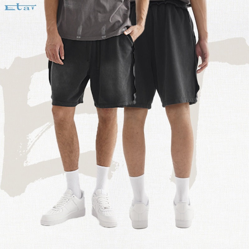 Etai men's clothing american street style spray-on washed distressed shorts high-quality loose edge patchwork men's cotton shorts