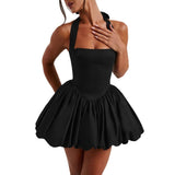Women's dress: european and american summer hot girl style sexy cinched waist slimming puffy skirt halter neck tie-up bow dress