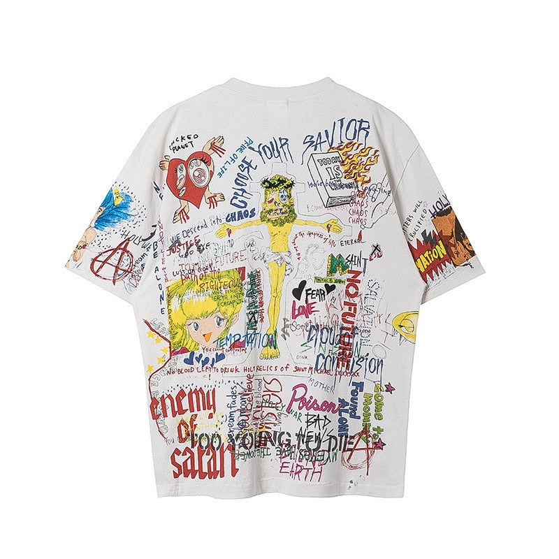 saint m t shirts  s.m washed graffiti graphic crew neck pullover short sleeve t-shirt - wholesale