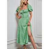 Women's dress - in-house photography - spring/summer european & american fashion - women's bubble sleeve tie-up bandeau slit floral mini dress - short sleeve