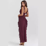 Women's dress - cross-border fashion, european & american summer style, french-style spaghetti strap, ruffle trim, designer detail, sexy slit maxi dress