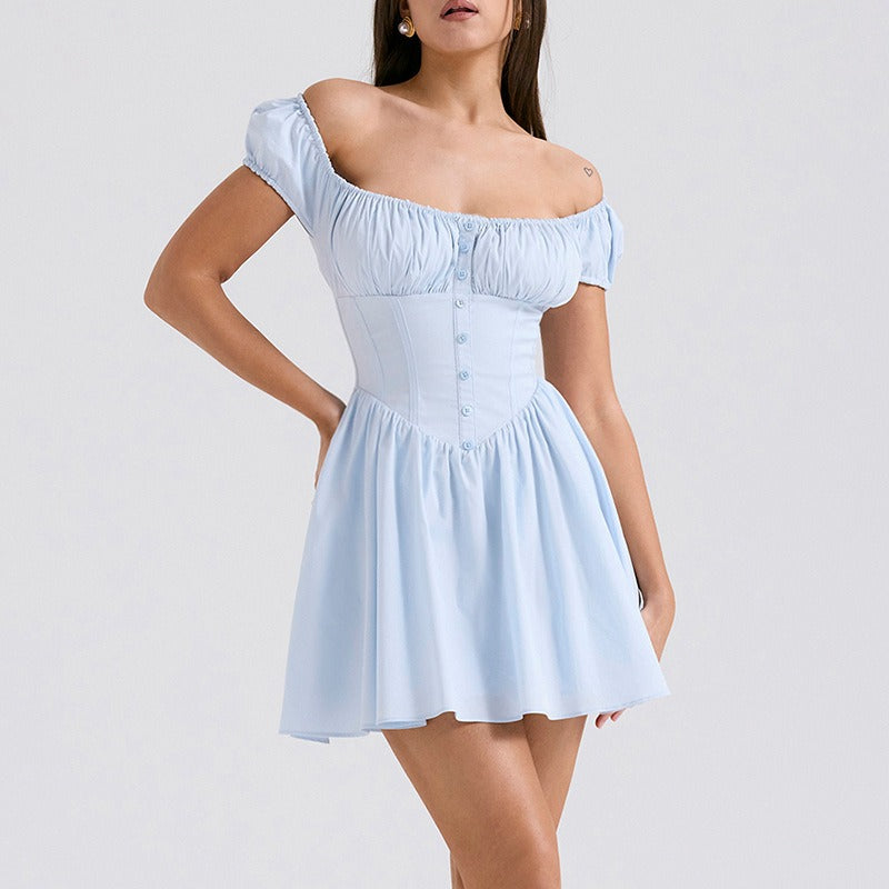 Women's dress - standalone store summer solid color dress - european and american style puff sleeve cinched waist buttoned short dress for women