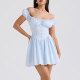Women's dress - standalone store summer solid color dress - european and american style puff sleeve cinched waist buttoned short dress for women