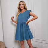 Women's dress - in-house photography, european & american style, solid color crew neck, ruffle sleeve, amazon export, spring/summer dress