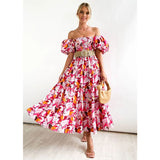 Women's summer dress: european and american style, puff sleeve, slimming maxi dress, hot girl high-waisted off-the-shoulder printed dress