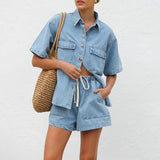 Women's pants: european and american cross-border spring/summer retro casual loose pocket short sleeve shirt & shorts denim set