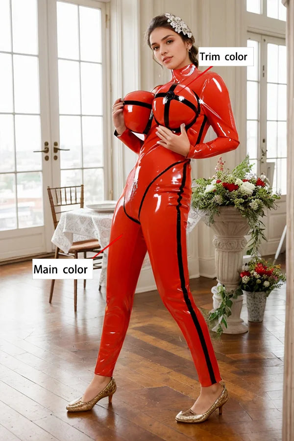 Women Queen Missile Cannons Red Latex Catsuits