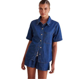 Women's european and american style summer cross-border trade washed vintage solid color short sleeve shirt and shorts denim set