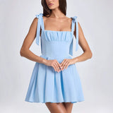 Women's summer fashion dress: european and american style, square neck, high waist, pleated patchwork, bowknot strap dress
