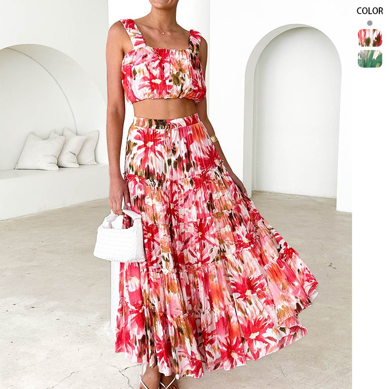 Women's dress: foreign trade vintage sleeveless cropped bandeau cami top with printed high-waisted midi skirt two-piece set