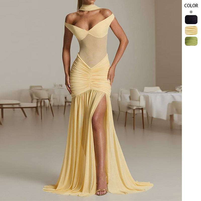 Women's dress - european & american style, amazon cross-border summer export, one-shoulder/off-shoulder evening gown, slimming & figure-flattering, spliced mermaid maxi dress
