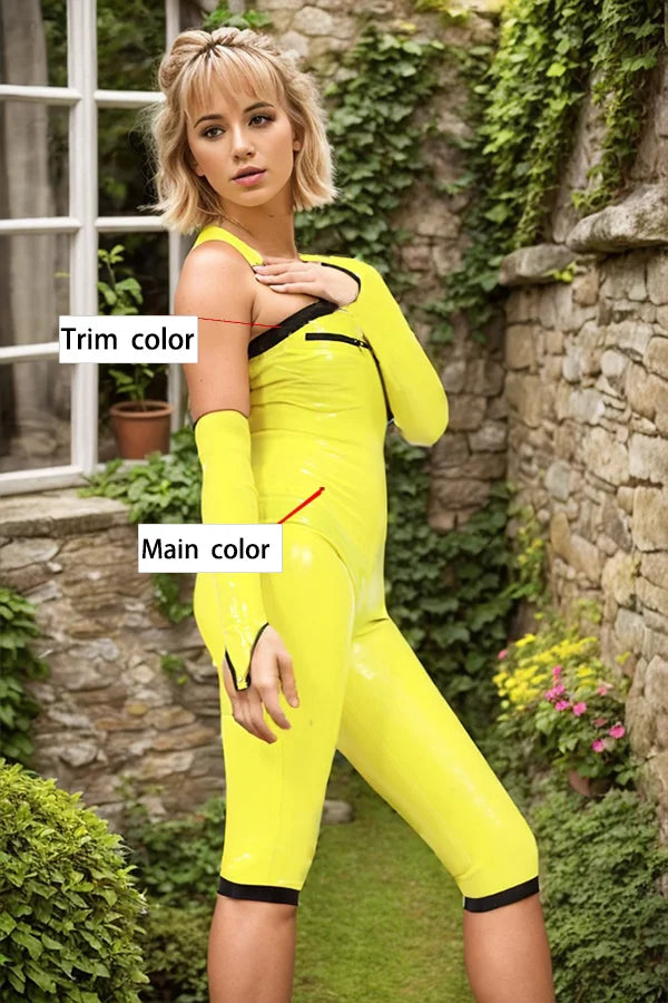 Women Latex Bodysuits Asymmetrical Capri Length