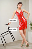 Women Latex Mini Dress Adjustable Straps Red Nightclub
