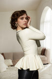 Women Latex Top White Black Trim V-Neck Ruffles