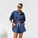 Women's pants: european and american cross-border retro casual loose-fit short-sleeve shirt and shorts denim two-piece set - women's spring/summer collection