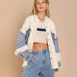Women's top: spring/summer american retro washed color block denim jacket - turn-down collar, casual distressed raw hem outerwear