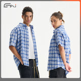 Etai men's fashion trendy distressed vintage style frayed hem plaid shirt - popular summer loose fit short sleeve shirt for men