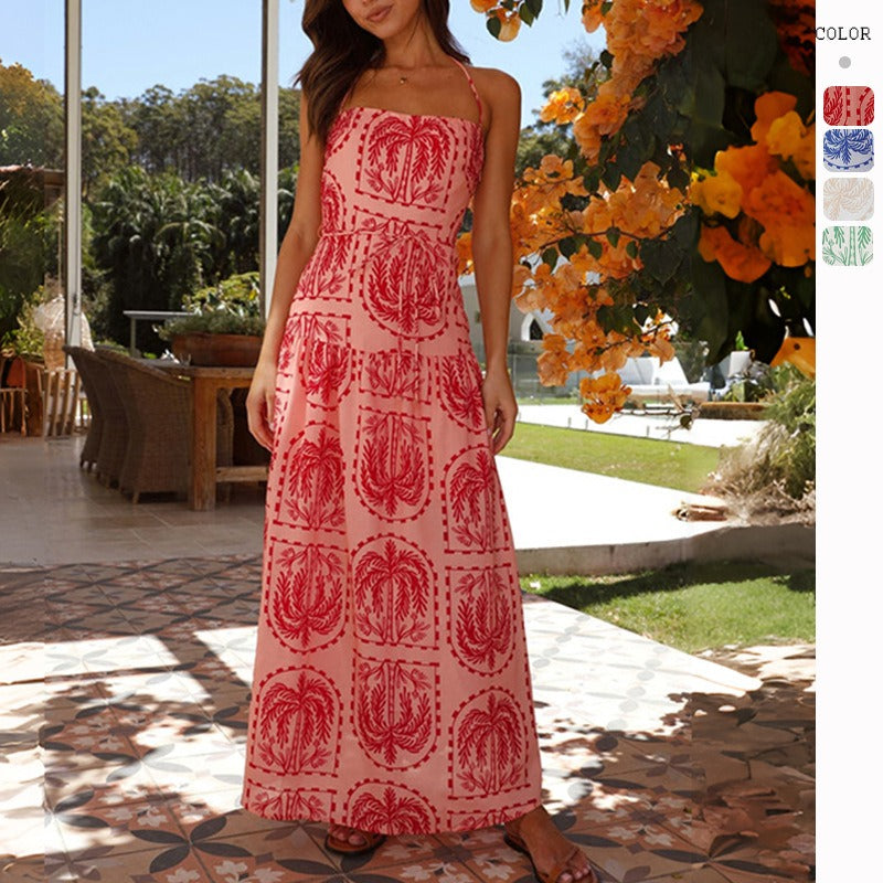 Women's dress - cross-border amazon fashion - european & american style - summer casual floral halter neck beach hawaiian vacation dress - lined