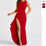 Women's dress - new summer collection: european & american style, solid color, round neck, high slit, sexy backless, slim fit maxi dress