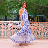 Women's dress - amazon foreign trade - european and american style - elegant print - halter neck - sleeveless - open back - tie-up - ruffle trim - maxi dress