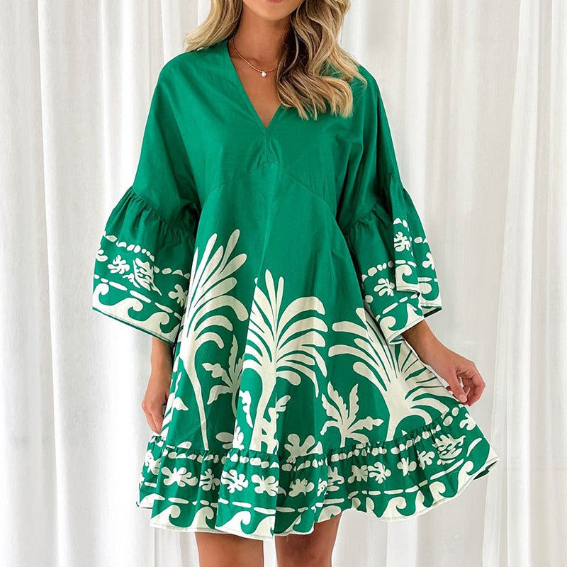 Women's dress - amazon independent site - summer european and american v-neck printed flared sleeve loose short dress