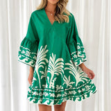 Women's dress - amazon independent site - summer european and american v-neck printed flared sleeve loose short dress