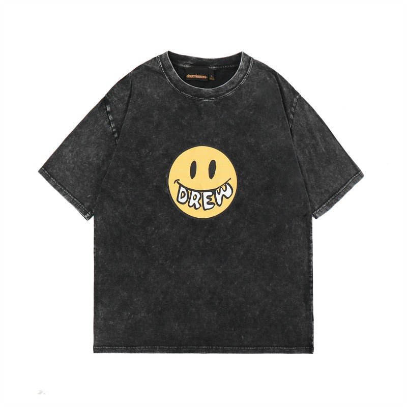 Drew house t-shirt - spring/summer collection - d@ew smiley face letter graphic - washed & distressed short sleeve - wholesale