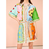 Women's dress - cross-border spring/summer collection - amazon us/eu premium printed holiday dress - notch collar, cinched waist, short sleeve
