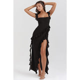 Women's dress - cross-border fashion, european & american summer style, french-style spaghetti strap, ruffle trim, designer detail, sexy slit maxi dress