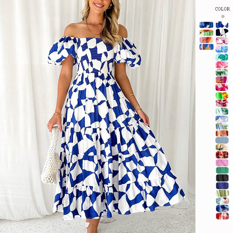 Women's dress: bestselling spring/summer one-shoulder printed puffy sleeve a-line dress for cross-border e-commerce (us/european platforms)