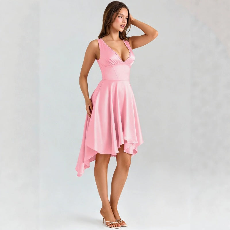 Women's dress: european and american cross-border fashion, lace, sexy backless v-neck midi dress, waist-cinching, slim-fit, elegant dress
