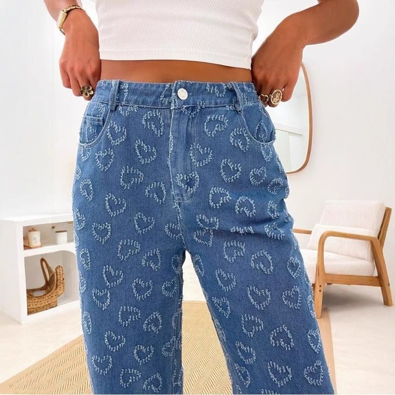 Women's spring amazon cross-border fashion heart crochet denim jeans - women's casual washed straight-leg trousers
