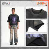 Etai men's clothing trendy brand spray monkey short wide terry distressed t-shirt men's high street loose edge washed retromen short sleeve