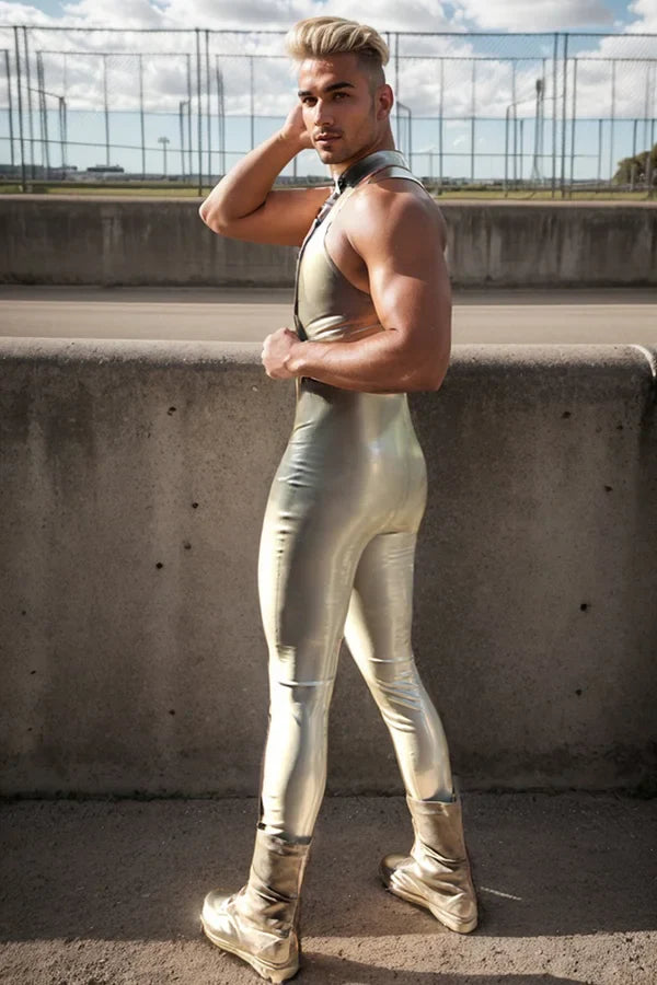 Man Latex Catsuits Laced Front Sleeveless