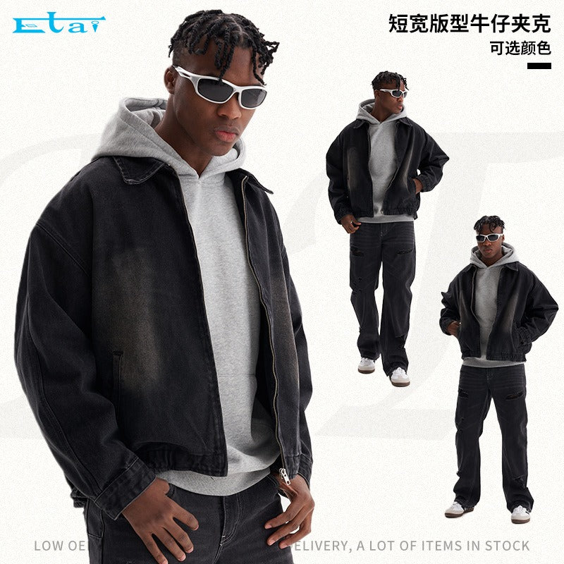 Etai men's high-quality short wide fit denim jacket - trendy brand autumn/winter open front zip-up denim jacket