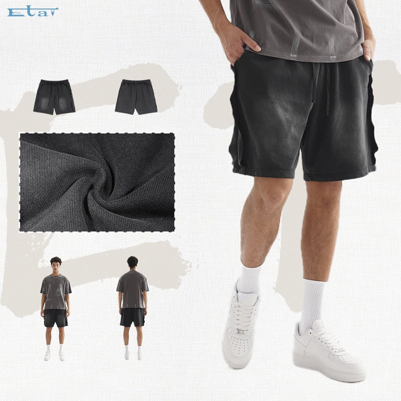 Etai men's clothing american street style spray-on washed distressed shorts high-quality loose edge patchwork men's cotton shorts