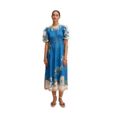 Women's dress: european and american cross-border independent station aliexpress personalized floral linen lantern sleeve fashionable cinched waist round neck dress