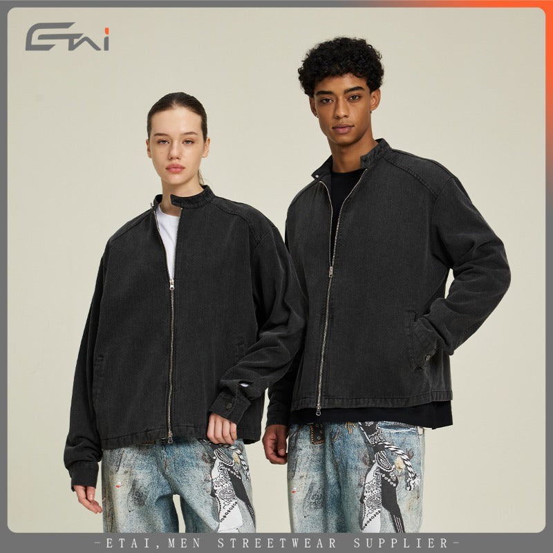 Etai men's clothing american retro distressed stand collar jacket - high-quality men's autumn short, oversized jacket top