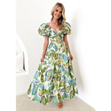 Women's dress - cross-border fashion, spring/summer, amazon style, elegant, slim-fit, printed, puff sleeve, high-end maxi dress for women