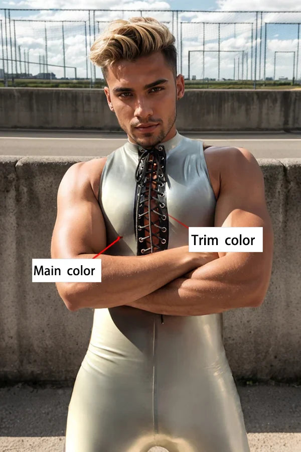 Man Latex Catsuits Laced Front Sleeveless